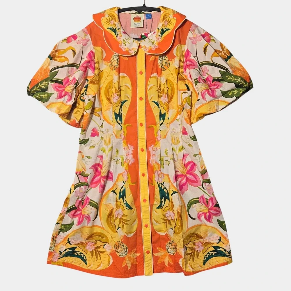 FARM Rio Tropical Floral Puff Sleeve Button Front Mini Dress L Resortwear NWT - Picture 1 of 13